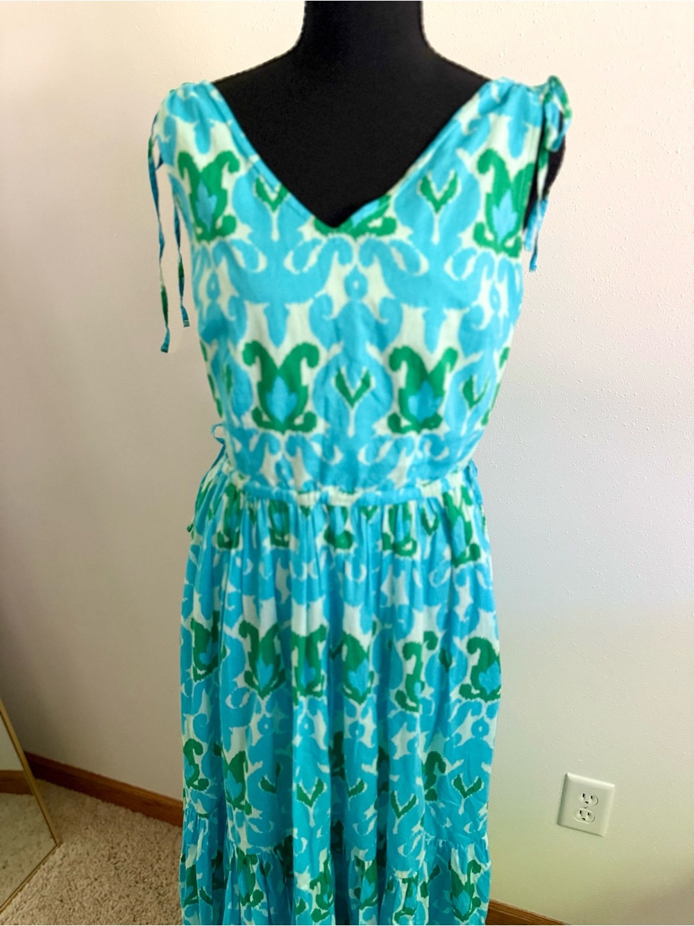 Talbots Blue Green Ikat Print Cotton Maxi Dress Size 4 - Picture 2 of 11